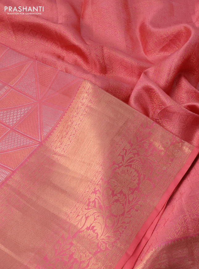 Pure kanchipuram silk saree peach pink with allover silver & gold zari woven geometric brocade weaves and long copper zari woven border