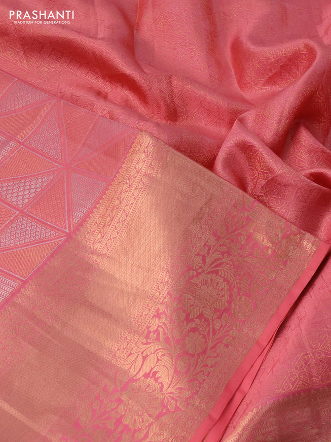 Pure kanchipuram silk saree peach pink with allover silver & gold zari woven geometric brocade weaves and long copper zari woven border