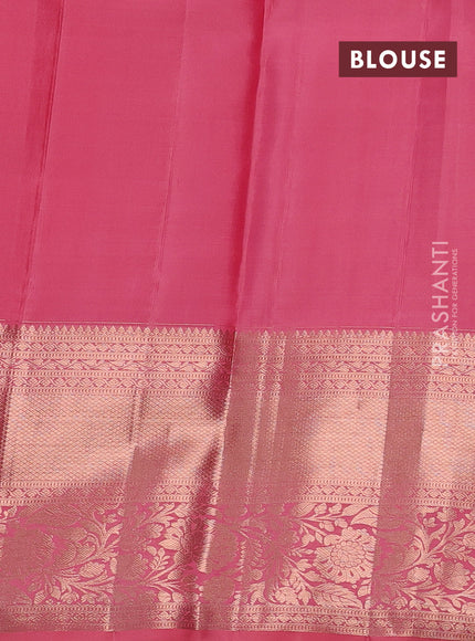Pure kanchipuram silk saree peach pink with allover silver & gold zari woven geometric brocade weaves and long copper zari woven border