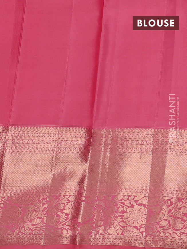 Pure kanchipuram silk saree peach pink with allover silver & gold zari woven geometric brocade weaves and long copper zari woven border