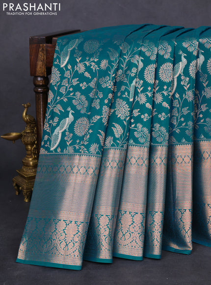 Pure kanchipuram silk saree cs blue with allover zari woven brocade weaves and long rich zari woven border