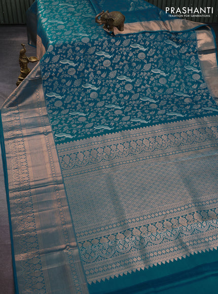 Pure kanchipuram silk saree cs blue with allover zari woven brocade weaves and long rich zari woven border