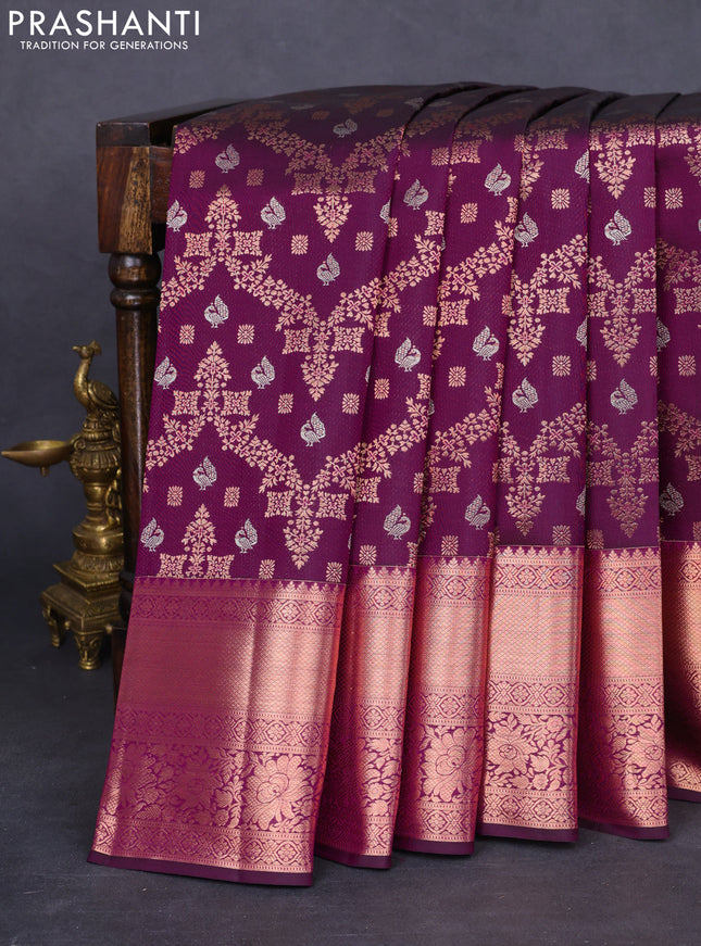 Pure kanchipuram silk saree purple with allover zari woven brocade weaves and long rich zari woven border