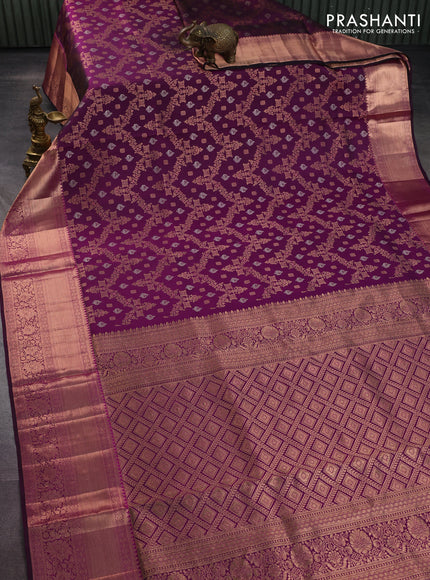Pure kanchipuram silk saree purple with allover zari woven brocade weaves and long rich zari woven border