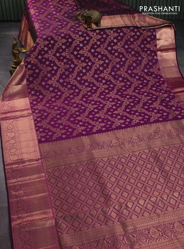 Pure kanchipuram silk saree purple with allover zari woven brocade weaves and long rich zari woven border