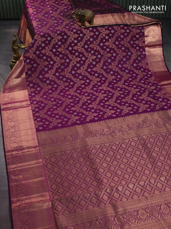 Pure kanchipuram silk saree purple with allover zari woven brocade weaves and long rich zari woven border