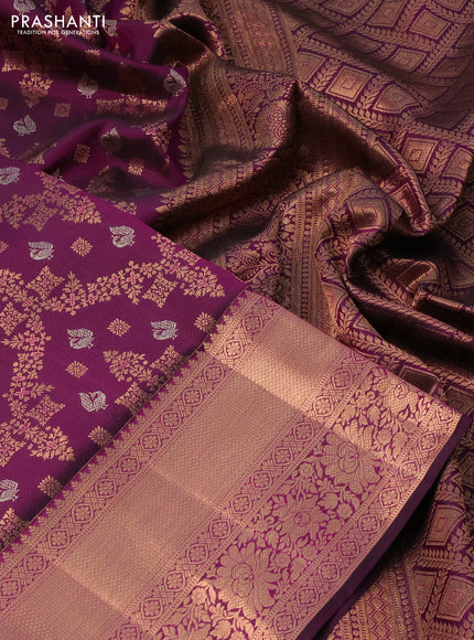 Pure kanchipuram silk saree purple with allover zari woven brocade weaves and long rich zari woven border