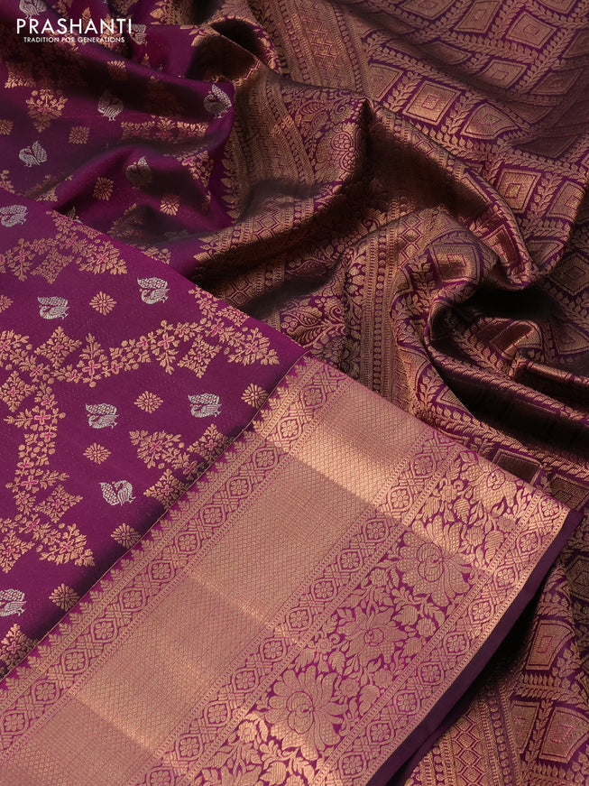 Pure kanchipuram silk saree purple with allover zari woven brocade weaves and long rich zari woven border