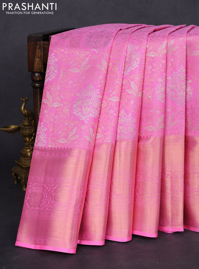 Pure kanchipuram silk saree light pink with allover silver & gold zari woven floral brocade weaves and rich zari woven border