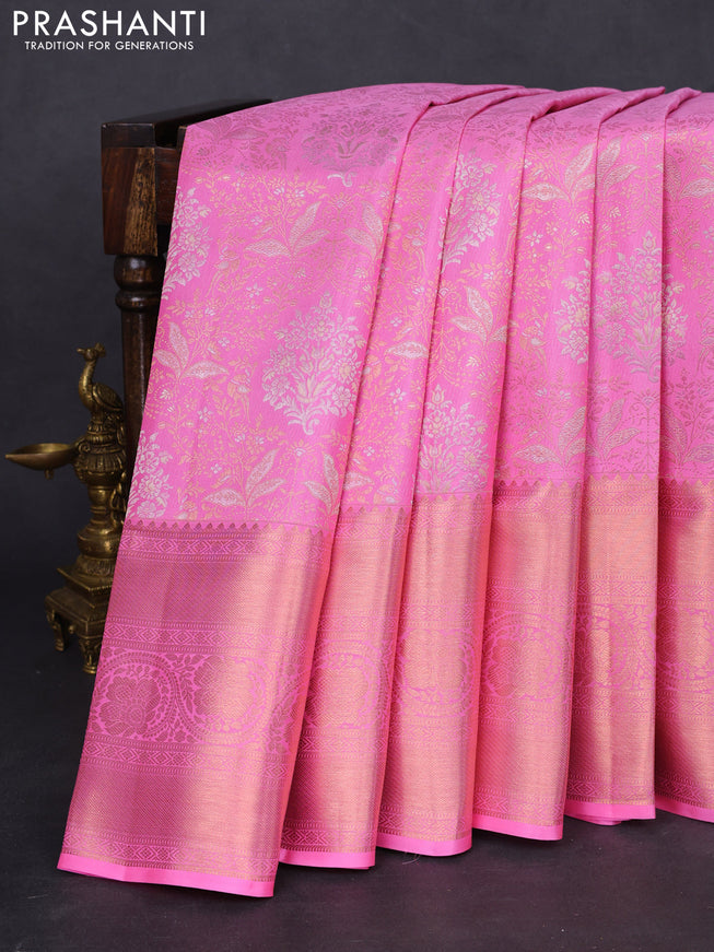 Pure kanchipuram silk saree light pink with allover silver & gold zari woven floral brocade weaves and rich zari woven border