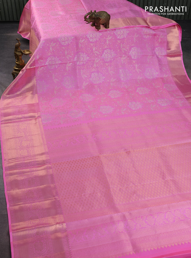 Pure kanchipuram silk saree light pink with allover silver & gold zari woven floral brocade weaves and rich zari woven border