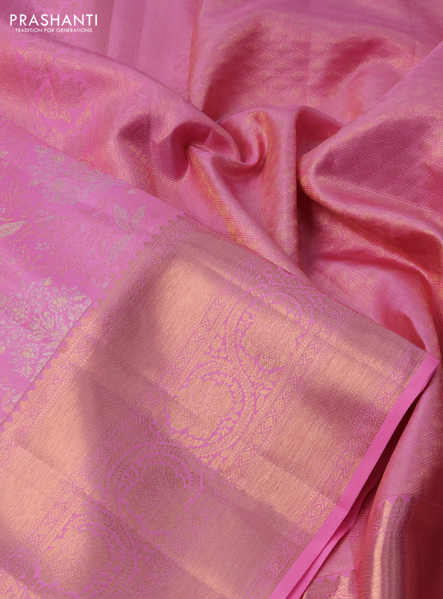 Pure kanchipuram silk saree light pink with allover silver & gold zari woven floral brocade weaves and rich zari woven border