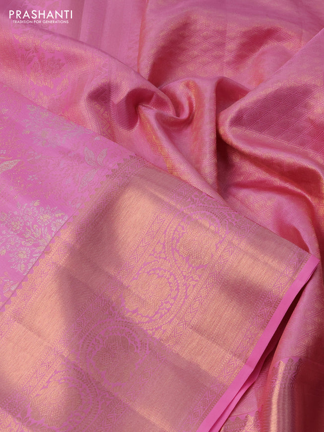 Pure kanchipuram silk saree light pink with allover silver & gold zari woven floral brocade weaves and rich zari woven border
