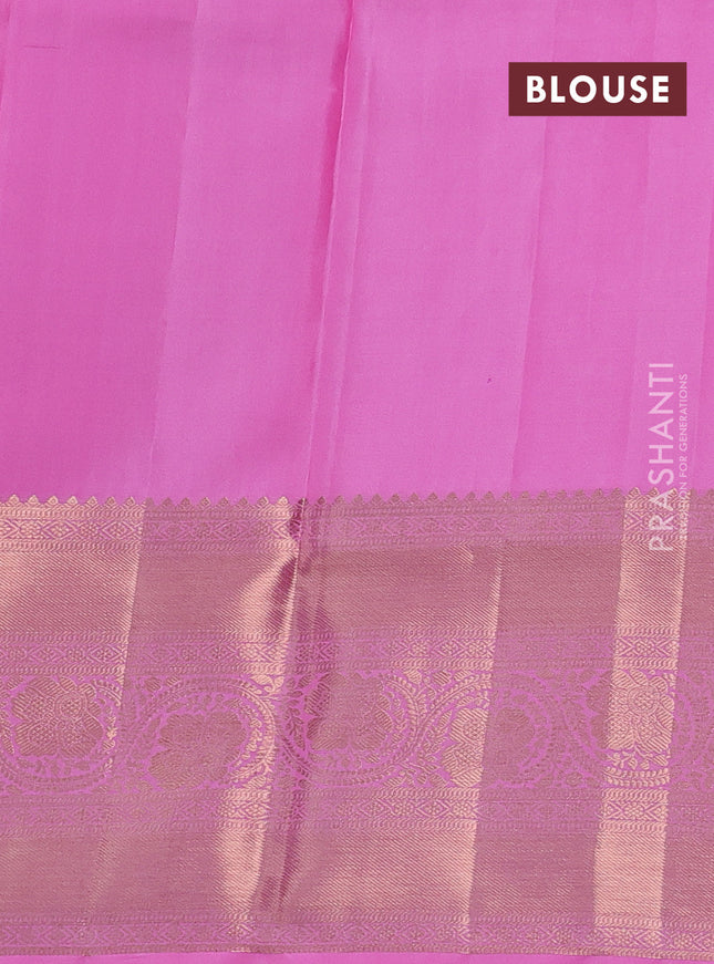Pure kanchipuram silk saree light pink with allover silver & gold zari woven floral brocade weaves and rich zari woven border