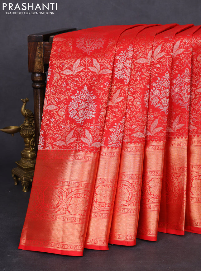 Pure kanchipuram silk saree red with allover zari woven floral brocade weaves and rich zari woven border