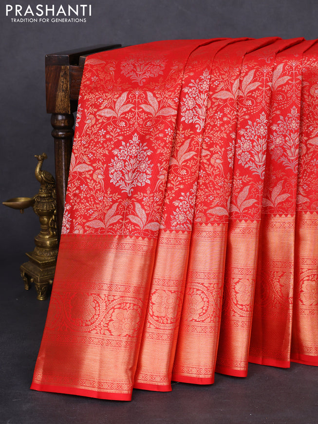 Pure kanchipuram silk saree red with allover zari woven floral brocade weaves and rich zari woven border