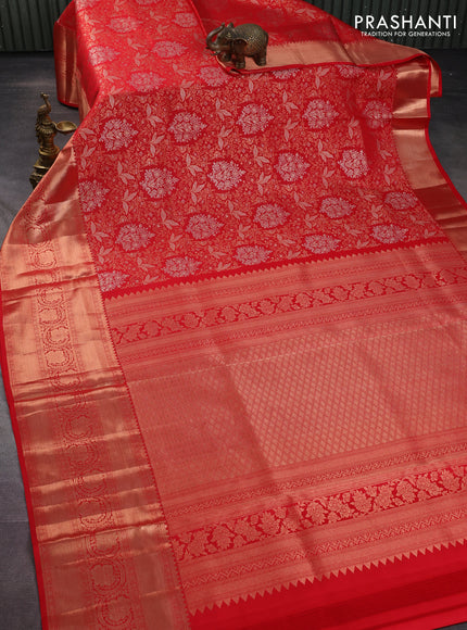 Pure kanchipuram silk saree red with allover zari woven floral brocade weaves and rich zari woven border