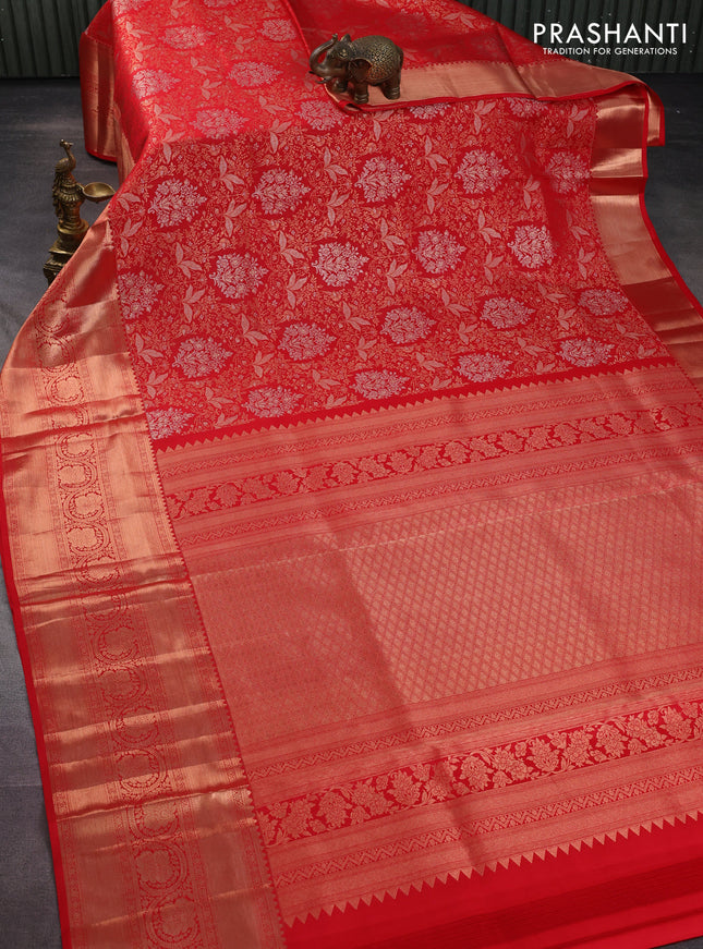 Pure kanchipuram silk saree red with allover zari woven floral brocade weaves and rich zari woven border