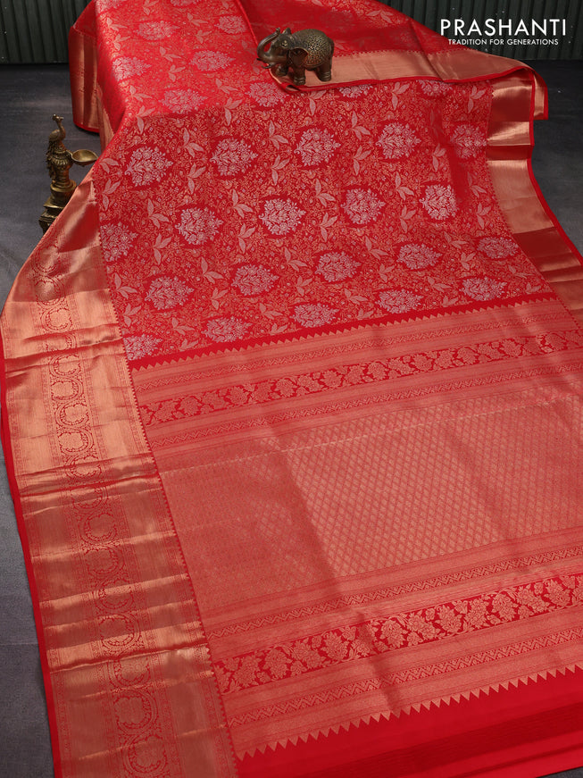 Pure kanchipuram silk saree red with allover zari woven floral brocade weaves and rich zari woven border