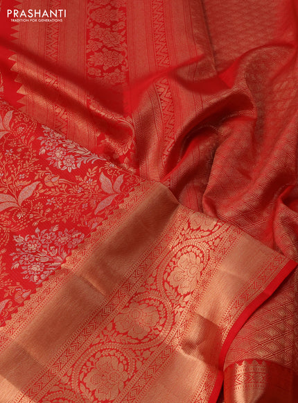 Pure kanchipuram silk saree red with allover zari woven floral brocade weaves and rich zari woven border
