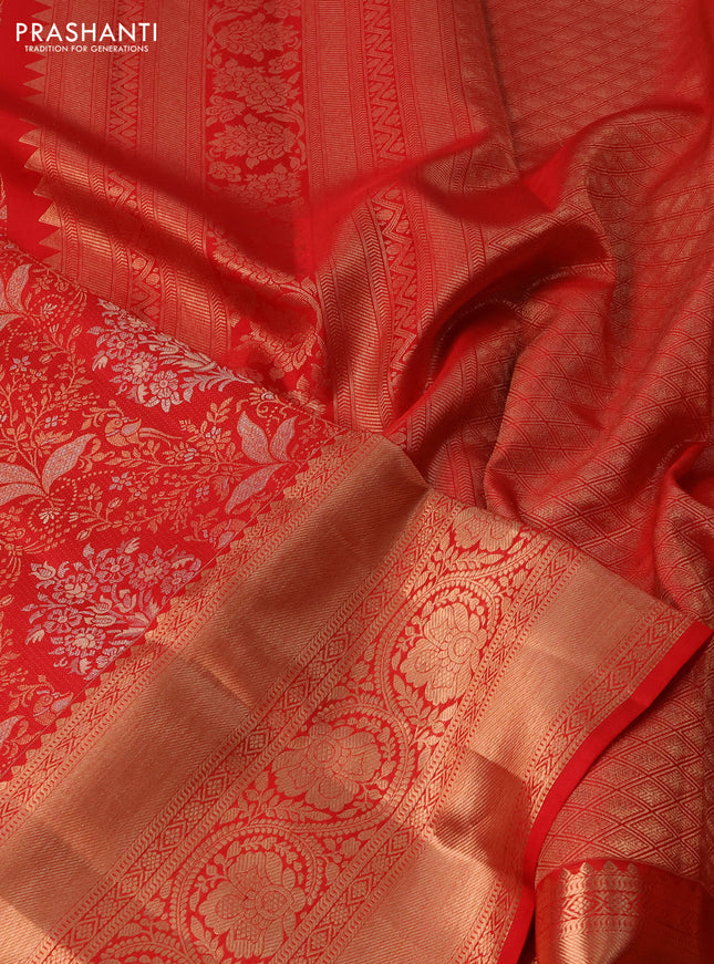 Pure kanchipuram silk saree red with allover zari woven floral brocade weaves and rich zari woven border