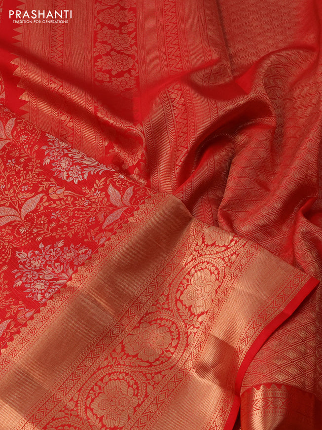 Pure kanchipuram silk saree red with allover zari woven floral brocade weaves and rich zari woven border