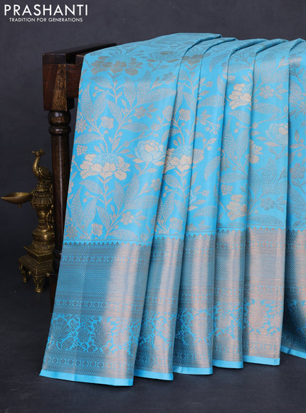 Pure kanchipuram silk saree light blue with allover zari woven floral brocade weaves and rich zari woven border