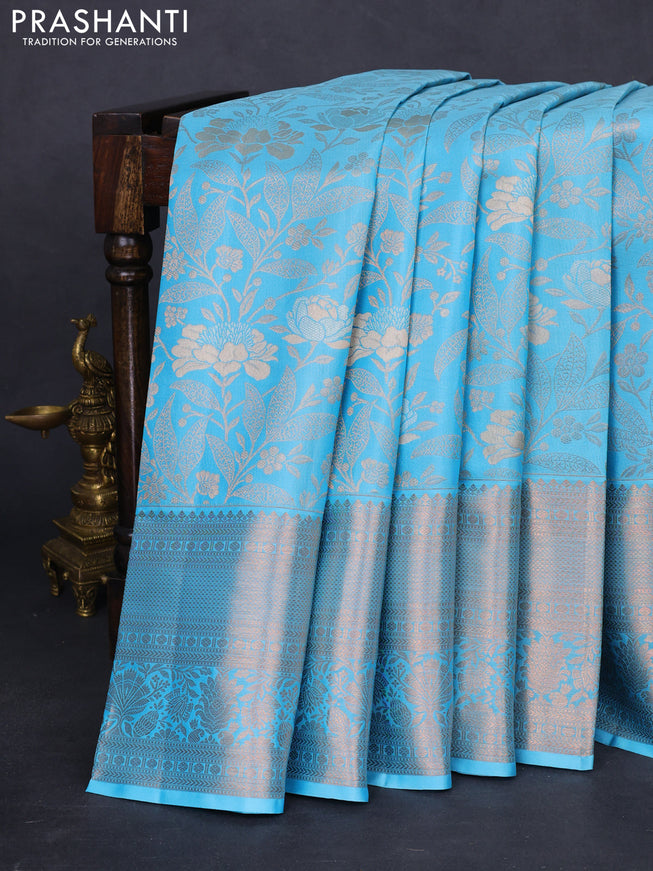 Pure kanchipuram silk saree light blue with allover zari woven floral brocade weaves and rich zari woven border