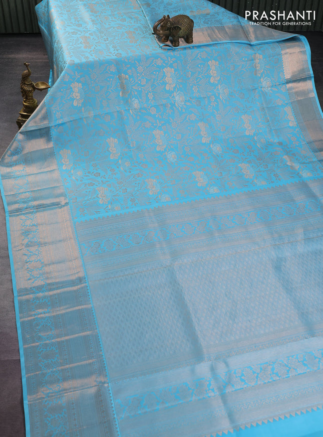 Pure kanchipuram silk saree light blue with allover zari woven floral brocade weaves and rich zari woven border