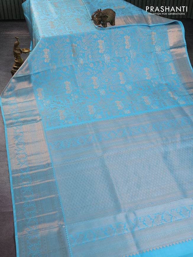Pure kanchipuram silk saree light blue with allover zari woven floral brocade weaves and rich zari woven border