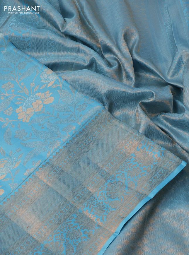 Pure kanchipuram silk saree light blue with allover zari woven floral brocade weaves and rich zari woven border