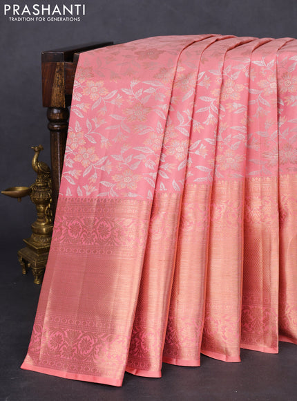 Pure kanchipuram silk saree peach pink with allover silver & gold zari woven brocade weaves and long zari woven border