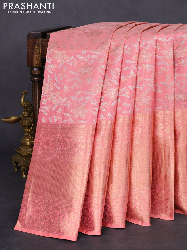 Pure kanchipuram silk saree peach pink with allover silver & gold zari woven brocade weaves and long zari woven border