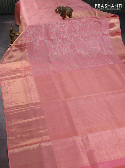 Pure kanchipuram silk saree peach pink with allover silver & gold zari woven brocade weaves and long zari woven border