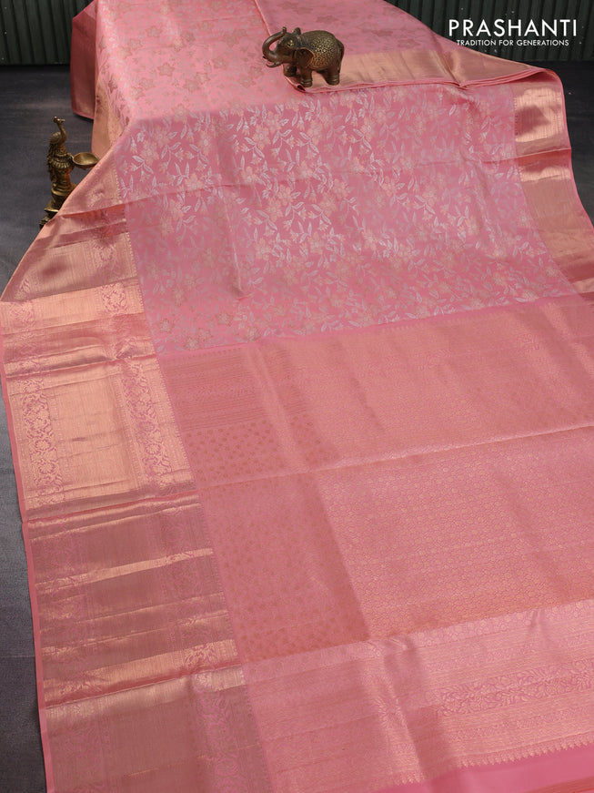Pure kanchipuram silk saree peach pink with allover silver & gold zari woven brocade weaves and long zari woven border