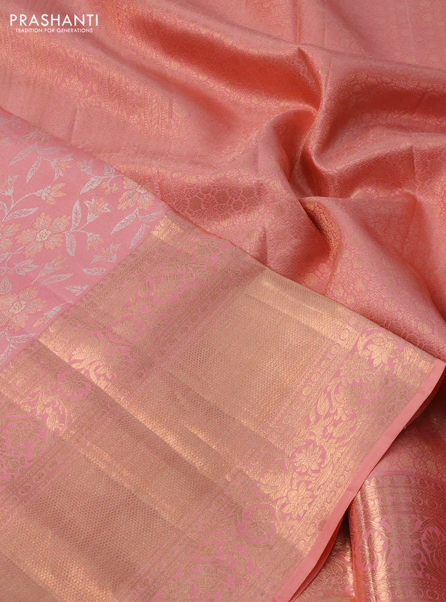 Pure kanchipuram silk saree peach pink with allover silver & gold zari woven brocade weaves and long zari woven border