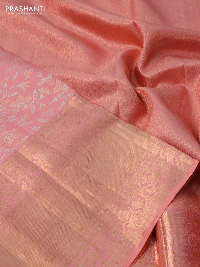 Pure kanchipuram silk saree peach pink with allover silver & gold zari woven brocade weaves and long zari woven border