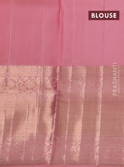 Pure kanchipuram silk saree peach pink with allover silver & gold zari woven brocade weaves and long zari woven border