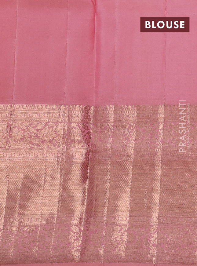 Pure kanchipuram silk saree peach pink with allover silver & gold zari woven brocade weaves and long zari woven border