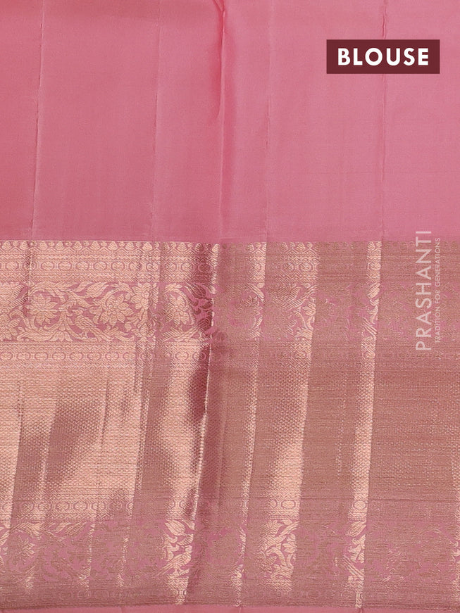 Pure kanchipuram silk saree peach pink with allover silver & gold zari woven brocade weaves and long zari woven border