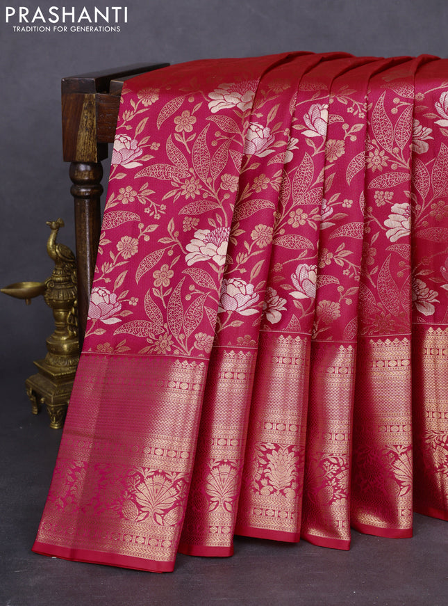 Pure kanchipuram silk saree dual shade of pinkish orange with allover zari woven floral brocade weaves and rich zari woven border