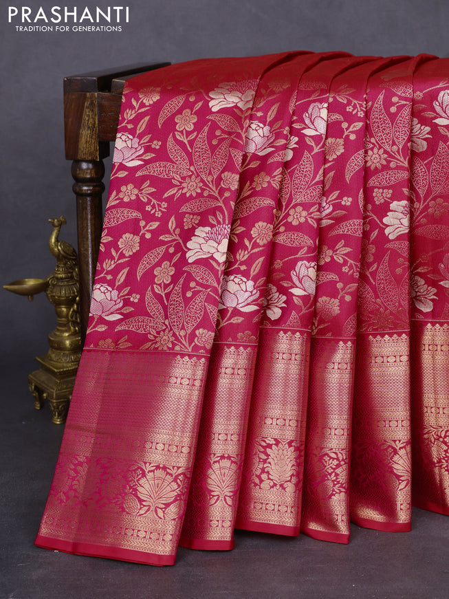 Pure kanchipuram silk saree dual shade of pinkish orange with allover zari woven floral brocade weaves and rich zari woven border