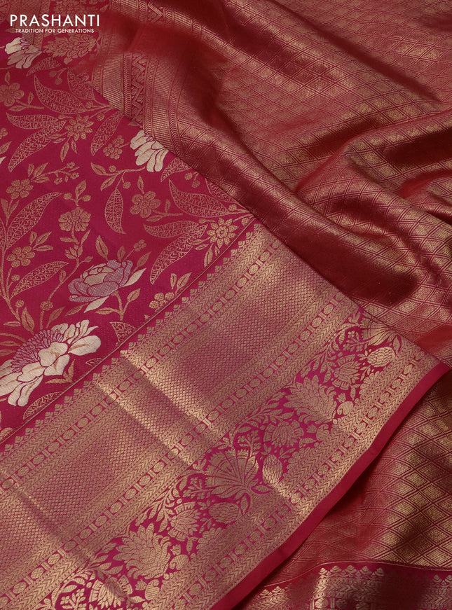 Pure kanchipuram silk saree dual shade of pinkish orange with allover zari woven floral brocade weaves and rich zari woven border