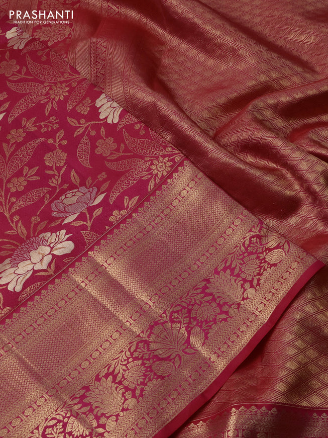 Pure kanchipuram silk saree dual shade of pinkish orange with allover zari woven floral brocade weaves and rich zari woven border