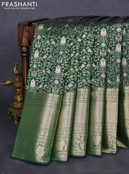 Pure kanchipuram silk saree bottle green with allover zari woven brocade weaves and rich zari woven border