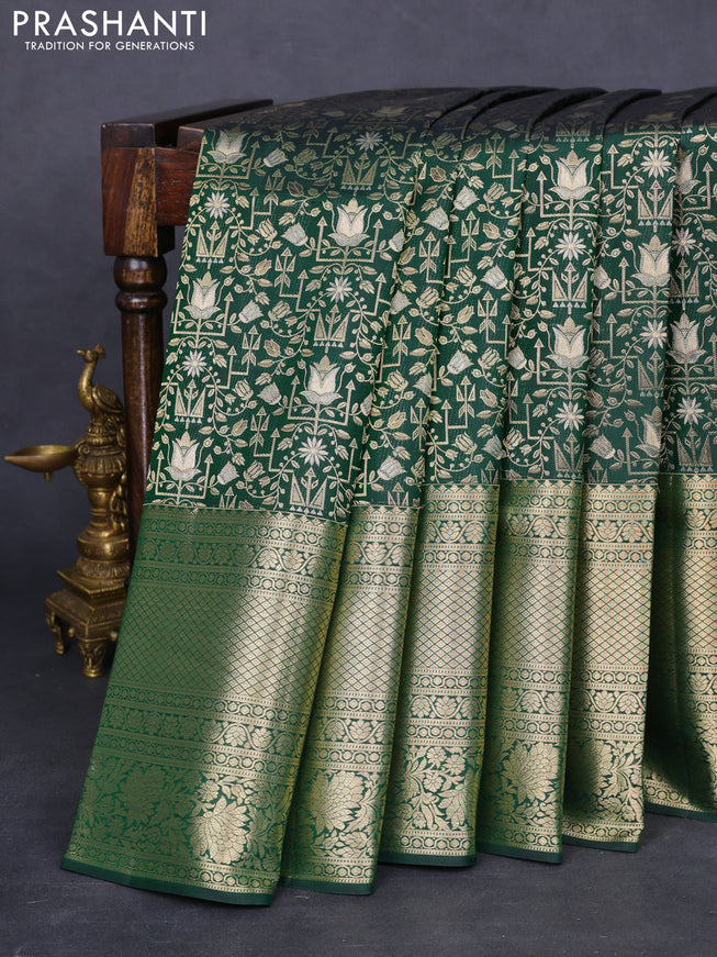 Pure kanchipuram silk saree bottle green with allover zari woven brocade weaves and rich zari woven border