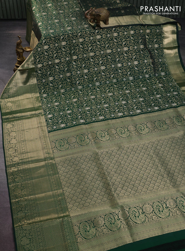 Pure kanchipuram silk saree bottle green with allover zari woven brocade weaves and rich zari woven border