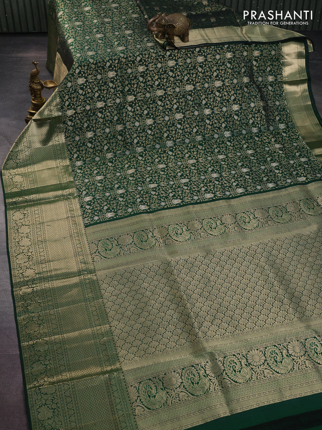 Pure kanchipuram silk saree bottle green with allover zari woven brocade weaves and rich zari woven border