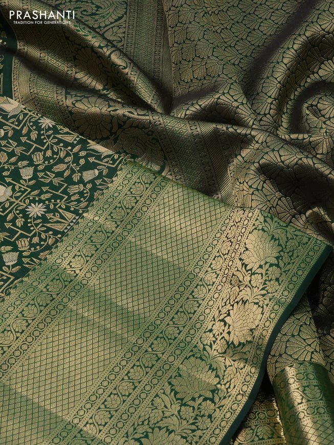 Pure kanchipuram silk saree bottle green with allover zari woven brocade weaves and rich zari woven border