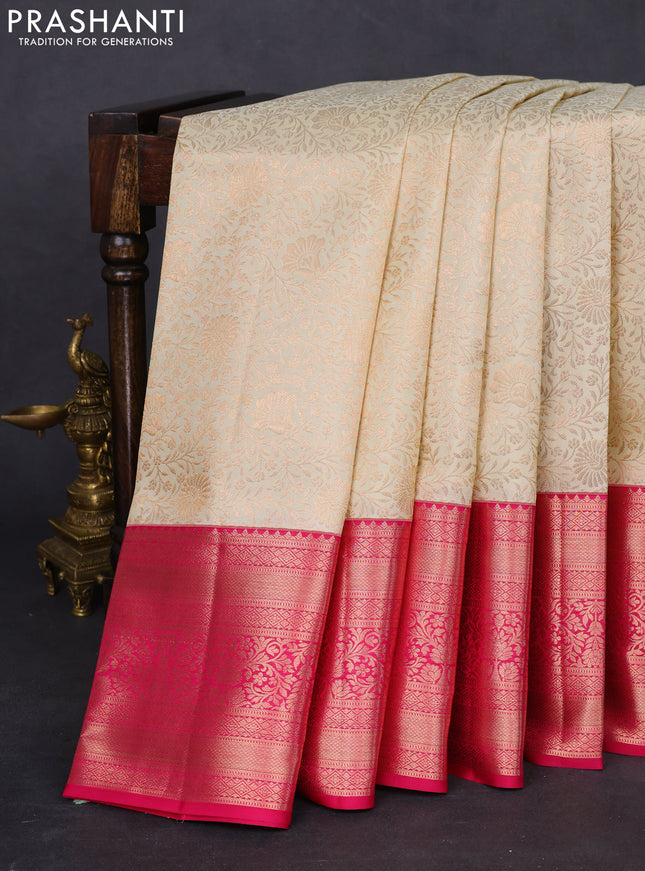 Pure kanchipuram silk saree cream and pink with allover zari woven floral brocade weaves and rich zari woven border